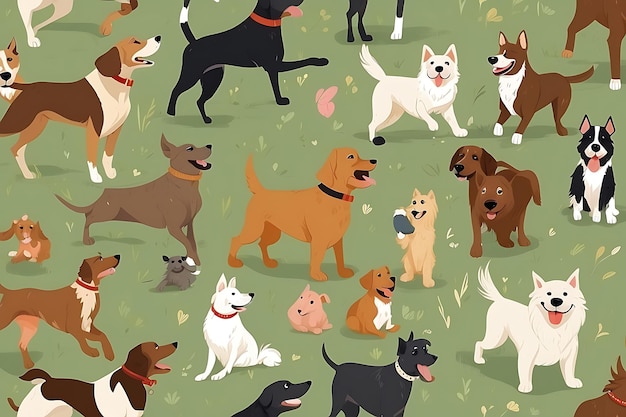 Padrão sem costura com cães de desenho animado bonitos Ilustração vetorial de diferentes raças de cães