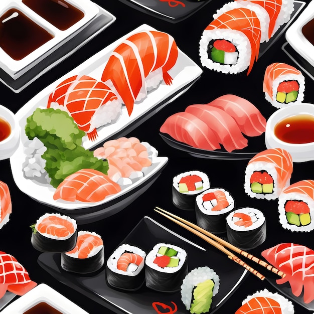 Padrão sem costura com comida de sushi Aquarela pintada à mão ilustração isolada em fundo preto