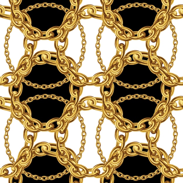 Padrão sem costura com correntes de ouro para design de tecido em fundo preto Ilustração dourada barroca