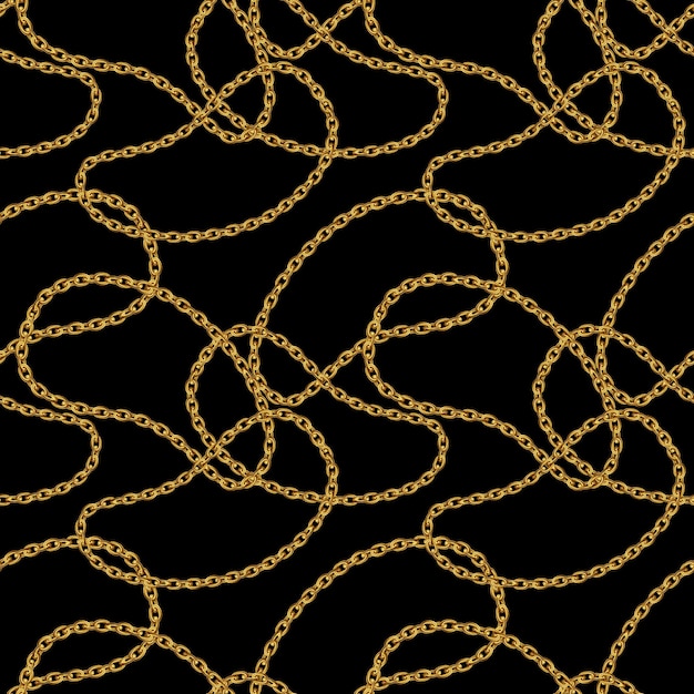 Padrão sem costura com correntes de ouro para design de tecido em fundo preto Ilustração dourada barroca