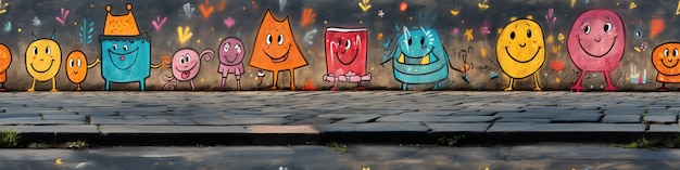 Foto padrão sem costura com desenho multicolor de crianças de personagens de desenho animado micróbios bactérias tiza tintas na parede