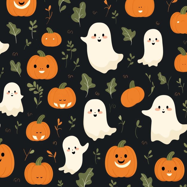 Padrão sem costura com fantasmas de desenhos animados bonitos e abóboras Ilustração vetorial de Halloween