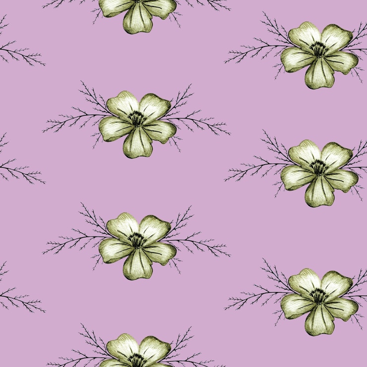 Foto padrão sem costura com flor amarela desenhada à mão fundo rosa pálido com malmequeres amarelos de folhas finas para design de impressão feriado casamento e cartão de aniversário