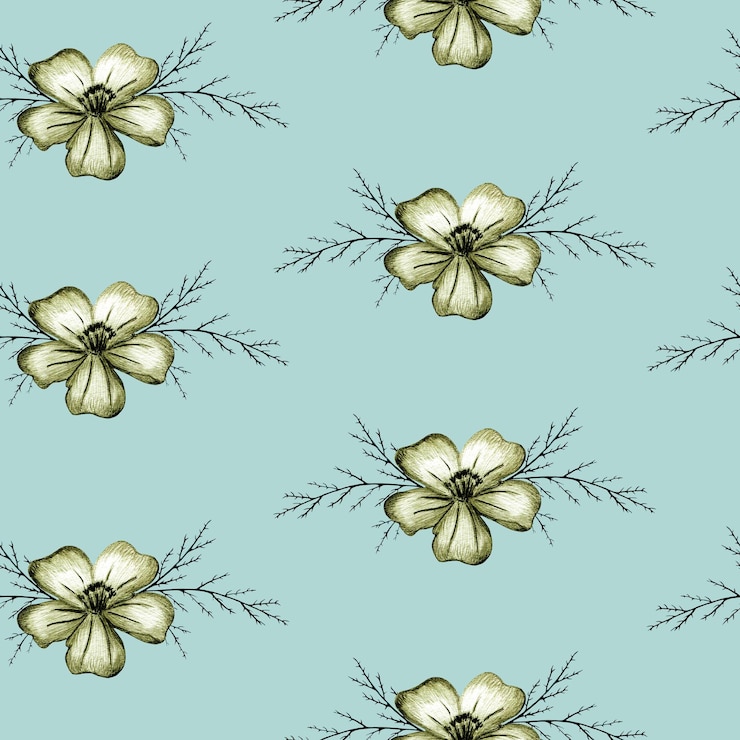 Foto padrão sem costura com flor amarela desenhada à mão fundo verde claro com malmequeres amarelos de folhas finas para design de impressão feriado casamento e cartão de aniversário