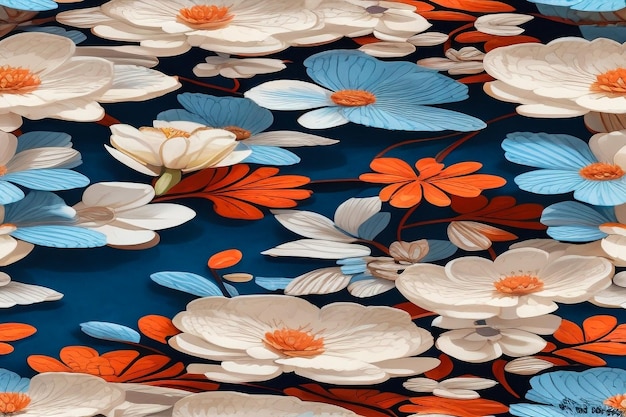 Padrão sem costura com flores de laranja tropical em fundo azul Ditsy design floral decorativo e