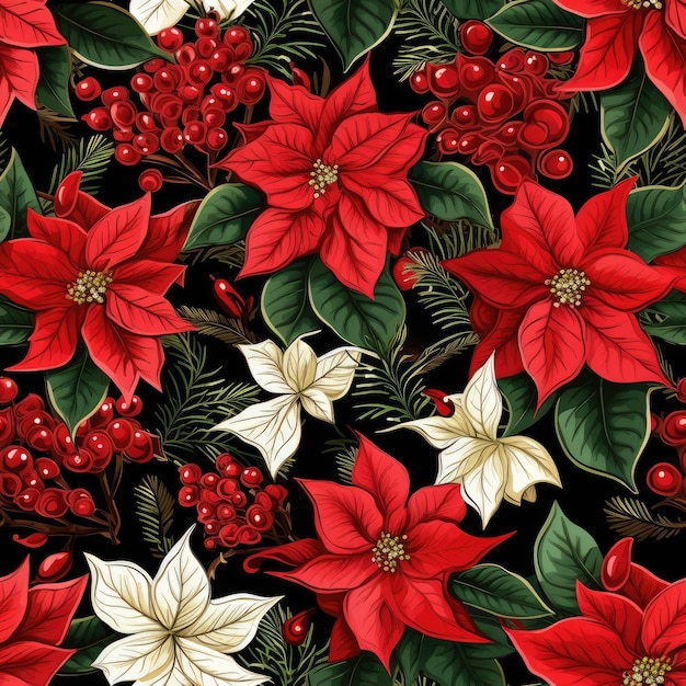 Padrão sem costura com flores de Poinsettia desenhadas à mão fundo de Natal