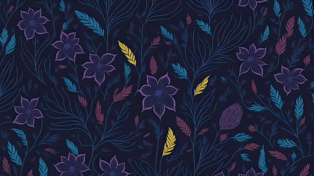 Padrão sem costura com flores desenhadas à mão e folhas coloridas ilustração floral Padrão floral sem costura design floral decorativo em fundo azul escuro