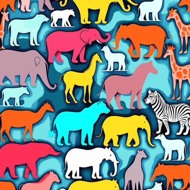 Foto padrão sem costura com fundo vetorial colorido de animais selvagens