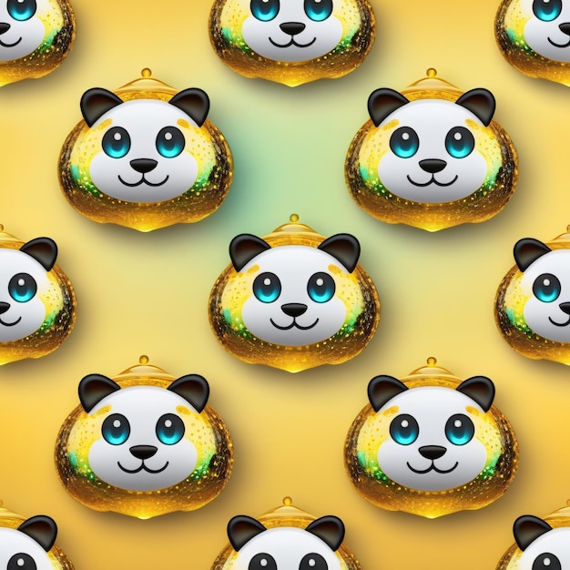 Padrão sem costura com panda em bola de Natal em fundo amarelo