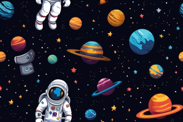 Foto padrão sem costura com planetas e estrelas de desenho animado de astronautas fundo de ilustração espacial