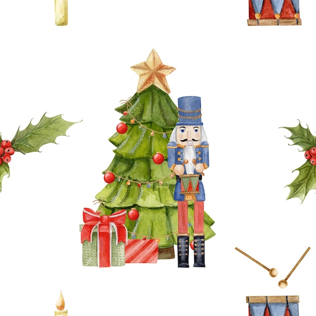 padrão sem costura com presentes de árvore de Natal decorados e quebra-nozes com árvore de holly tambor