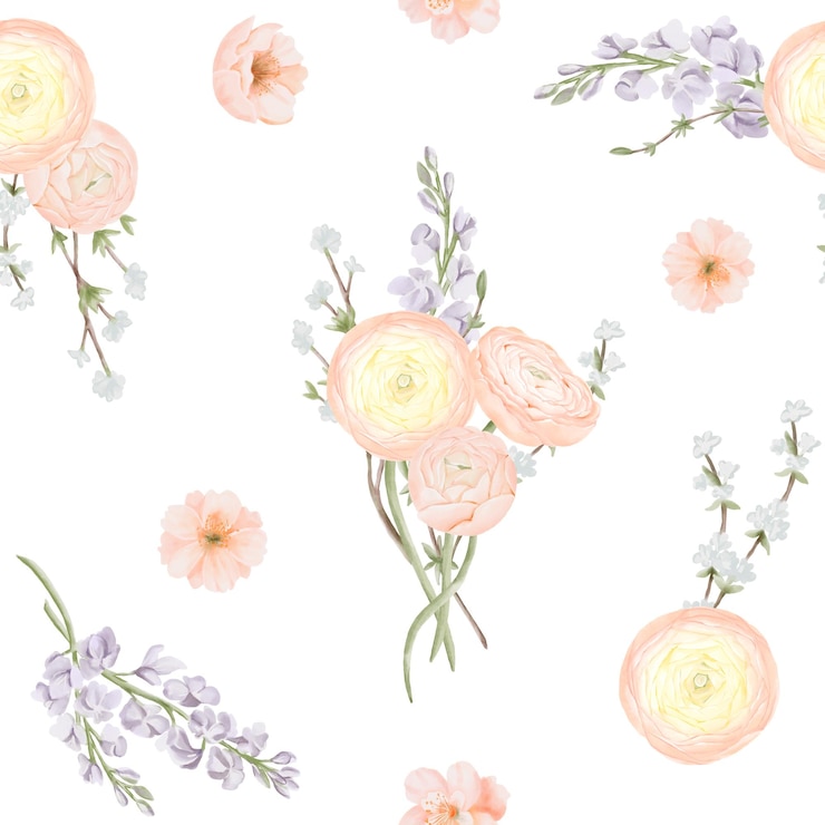 Foto padrão sem costura com ramos de ranúnculo e salgueiro freesia ilustração de aquarela desenhada à mão de