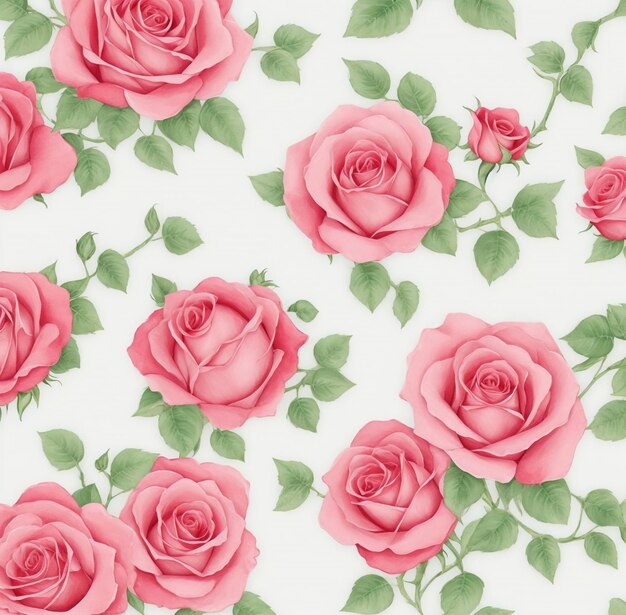 Padrão sem costura com rosas rosa e folhas verdes em fundo branco