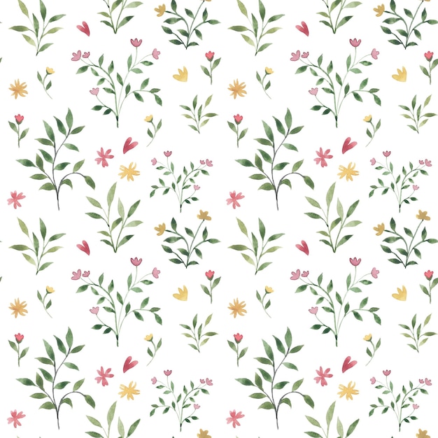 Padrão sem costura de aquarela bonito com flores e folhas minimalistas Ilustração a aquarela para têxteis, papelaria e outras decorações de design