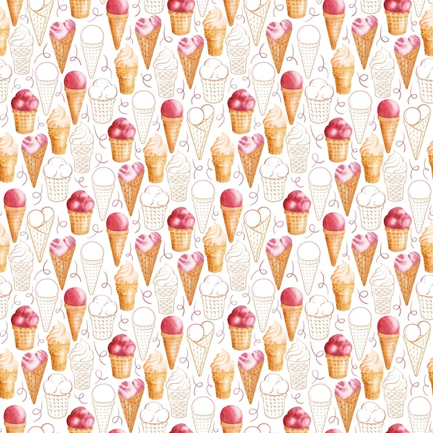 Padrão sem costura de aquarela com bolas de sorvete em copos e cones de waffle