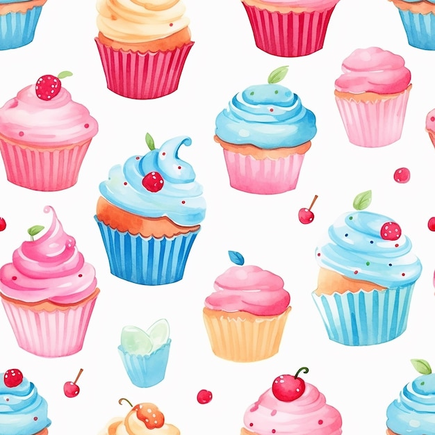 Padrão sem costura de aquarela com cupcakes