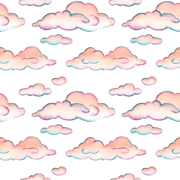 Foto padrão sem costura de aquarela com nuvens cor-de-rosa de diferentes tamanhos isolado clipart em um branco