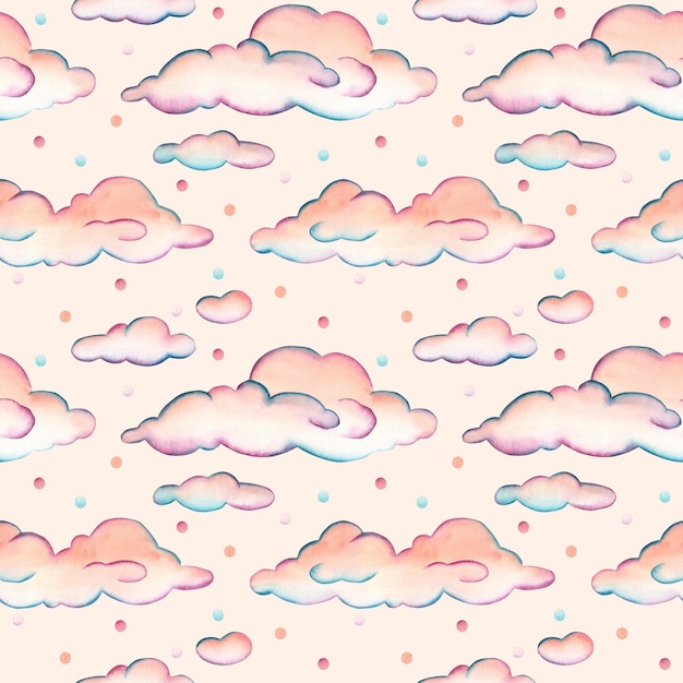 Padrão sem costura de aquarela com nuvens cor-de-rosa e chuva de arco-íris multicolor isolado em clipart