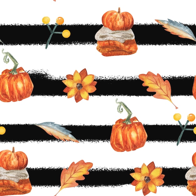 Padrão sem costura de aquarela de Halloween de outono Listras horizontais com abóboras e folhas de laranja