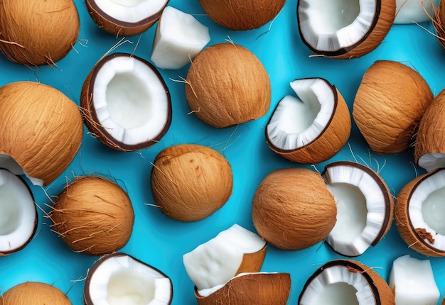 Padrão sem costura de coco em um fundo azul Cocos meio e inteiros Conceito de repetição Vista superior