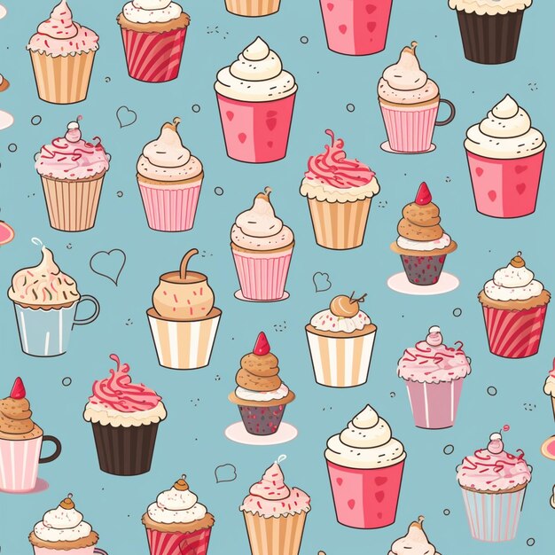 Foto padrão sem costura de cupcakes com diferentes coberturas em um fundo azul generativo ai