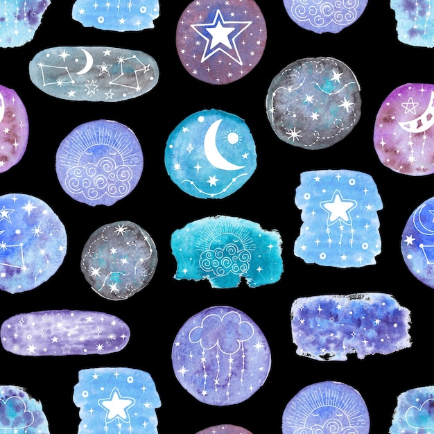 Padrão sem costura de estrela de aquarela Ilustração de Doodle de estrelas manchas azuis Impressão celestial para embalagem de tecido papel digital