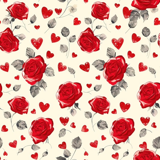 Foto padrão sem costura de flores vermelhas com folhas e corações para tecidos e têxteis