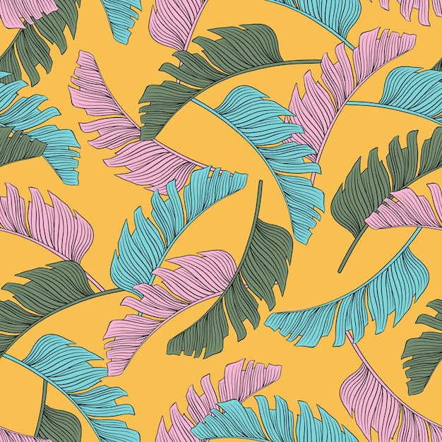 Padrão sem costura de folha tropical Impressão vívida colorida com belas folhas de palmeira da selva Desenho de luxo repetido para embalagem papel de parede têxtil de moda cosmética Ilustração realista de alta qualidade