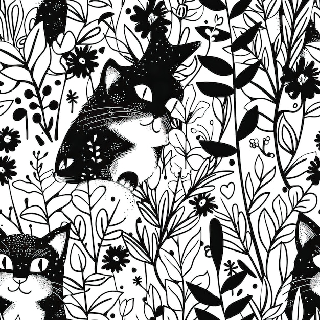 Padrão sem costura de gatos pretos ou coloridos com fundo de rabiscos em estilo de desenho animado com desenho de gatinho