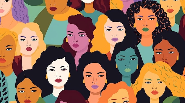 Padrão sem costura de rostos diversos multinacionais femininos Padrão do Dia Internacional da Mulher Poster de empoderamento feminino Ilustração desenhada à mão de rostos de mulheres