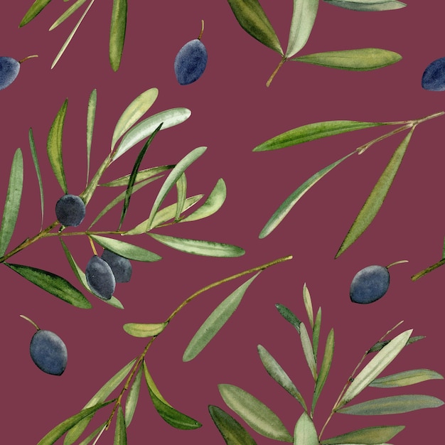 Padrão sem costura desenhado à mão em aquarela com folha de oliveira e azeitonas
