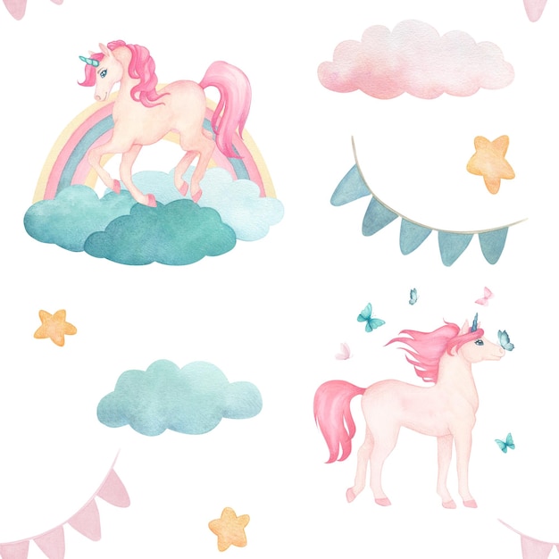 Padrão sem costura em aquarela com ilustração de um lindo unicórnio em nuvens com estrelas do arco-íris bandeiras em cores rosa e turquesa personagem de desenho animado de conto de fadas