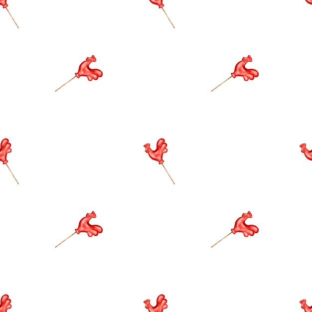 Padrão sem costura em aquarela com ilustração retrô de galo vermelho com pirulito em fundo branco para