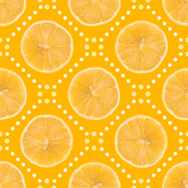 Foto padrão sem costura feito de fatia de limão isolada e pontos em um fundo amarelo
