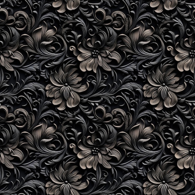 Foto padrão sem costura preto e branco com ornamento clássico de flores e folhagem fundo de textura sem costura