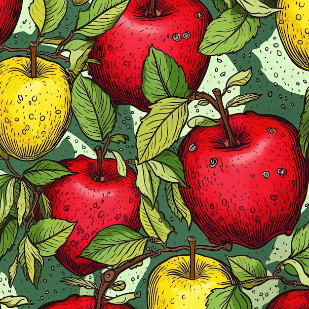padrão sem costuras colorido com maçãs e folhas no estilo de sombreamento transversal