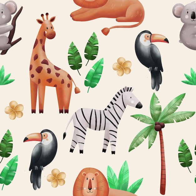 Padrão sem costuras com animais selvagens bonitos Animais na selva Girafa zebra coala leão