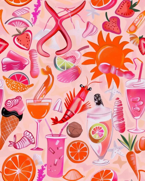 Foto padrão sem costuras com bebidas de verão e frutas ilustração vetorial