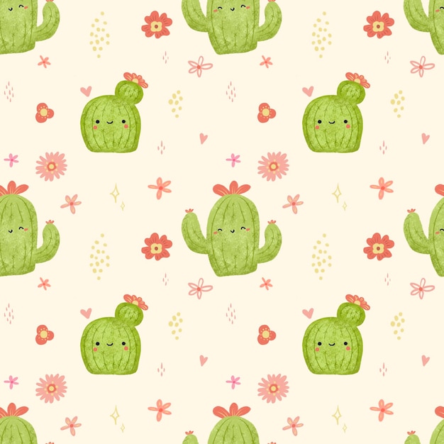 Padrão sem costuras com cactos bonitos desenhados à mão