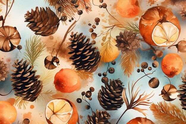 Padrão sem costuras com cones de pinheiro e laranjas em aquarela Ilustração desenhada à mão