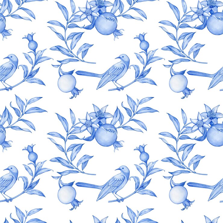 Foto padrão sem costuras com flores e pássaros pomegranada fruto e folhas ilustração de aquarela