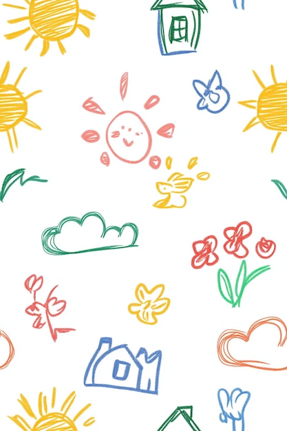 Padrão sem costuras com ilustrações infantis com flores, casa de sol e nuvens em um design brincalhão
