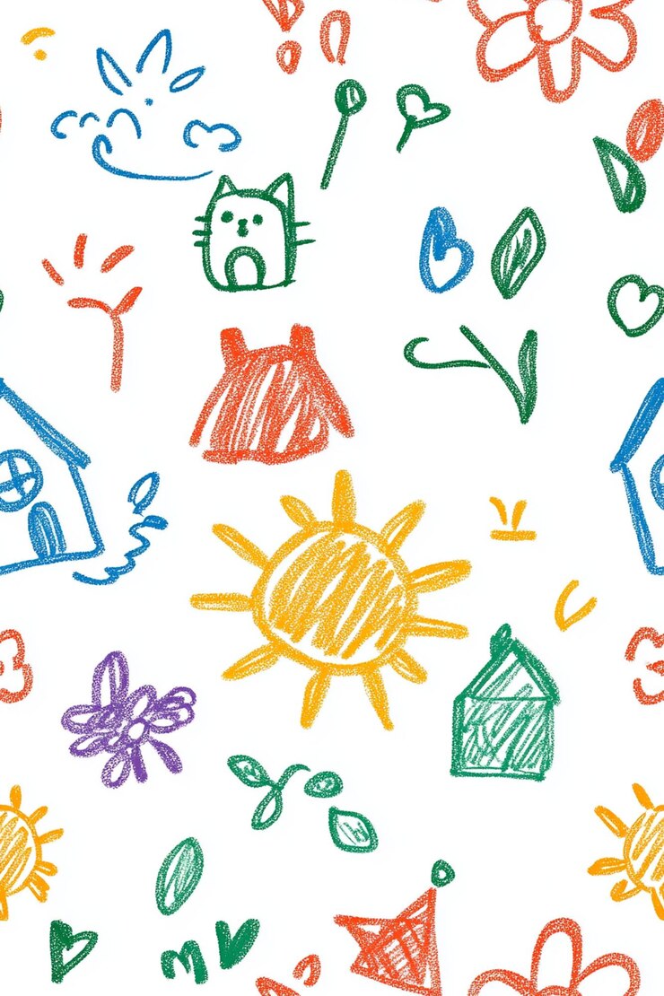 Foto padrão sem costuras com ilustrações infantis com flores, casa de sol e nuvens em um design brincalhão