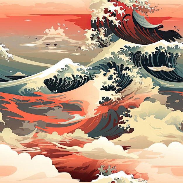 Padrão sem costuras da icônica Grande Onda ao largo de Kanagawa em estilo surrealista