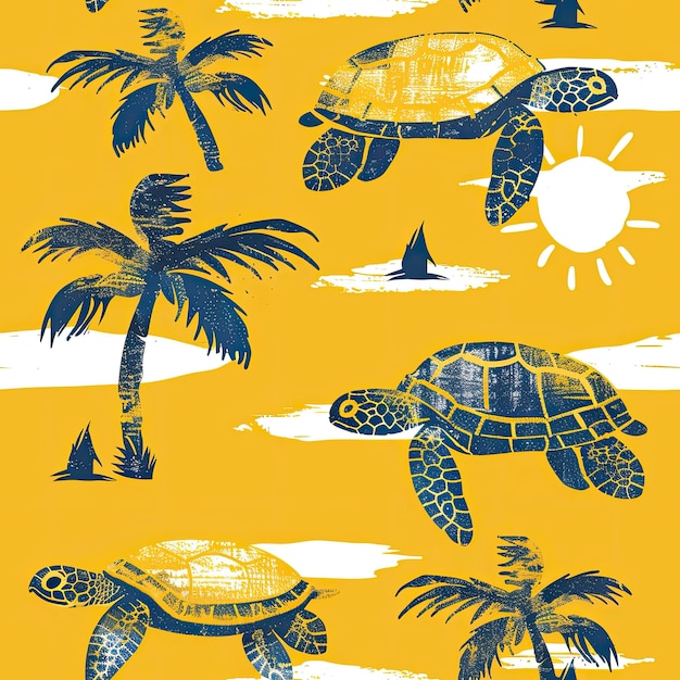 Padrão sem costuras de palmeiras de tartaruga em um fundo amarelo de verão Uma imagem criativa