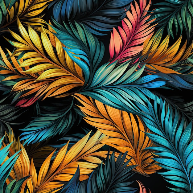 Padrão sem costuras textura tropical com folhas de palmeira coloridas arco-íris brilhante ornamento havaiano para têxteis