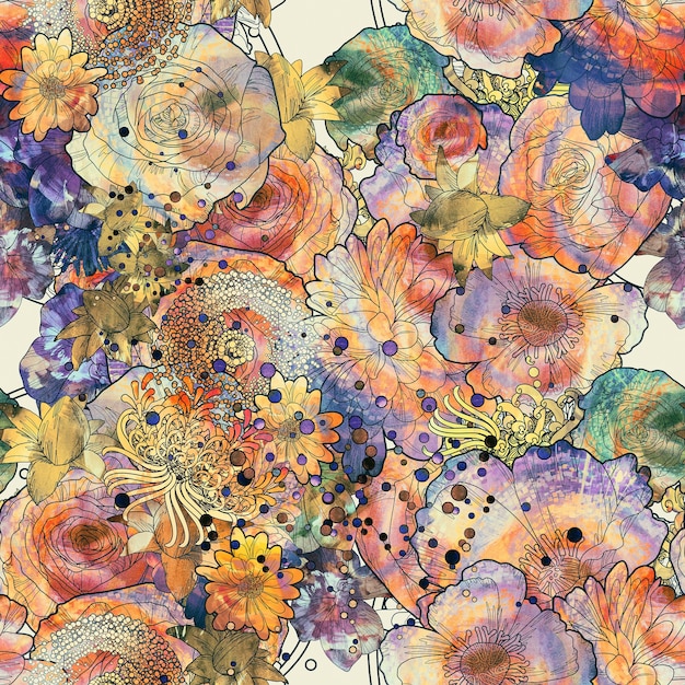 padrão sem emenda abstrato com flores coloridas, pintura de ilustração floral