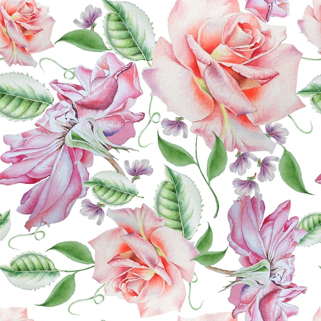 Padrão sem emenda brilhante com rosas. Ilustração em aquarela. Desenhado à mão