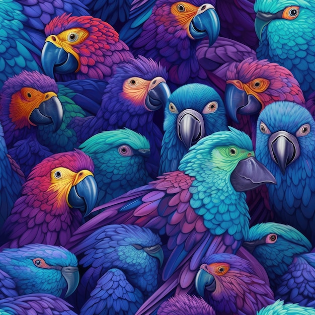 Padrão sem emenda colorido azul e roxo com papagaios ai generative