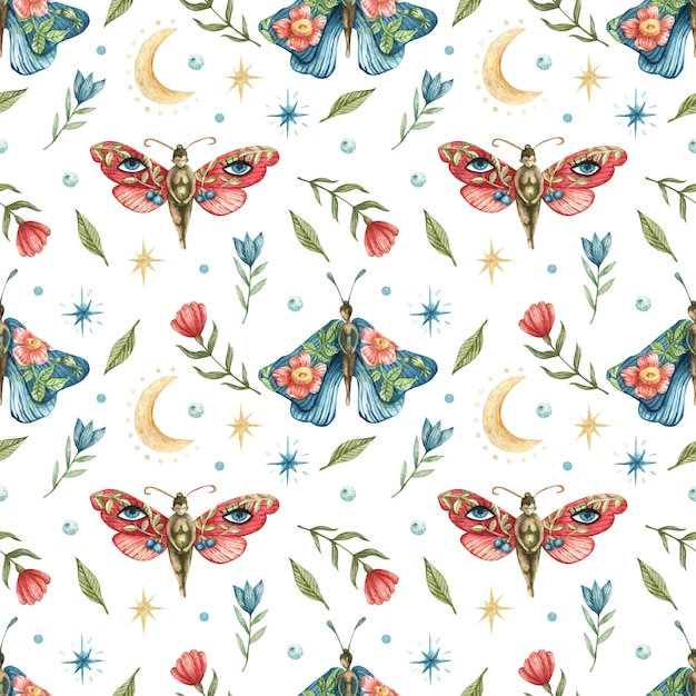 padrão sem emenda com a imagem de flores, borboletas-vermelhas e azuis-meninas, a lua e as estrelas